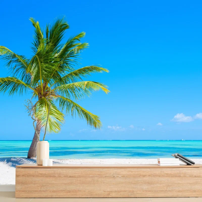 Carta da parati oasi tropicale con palma su spiaggia turchese