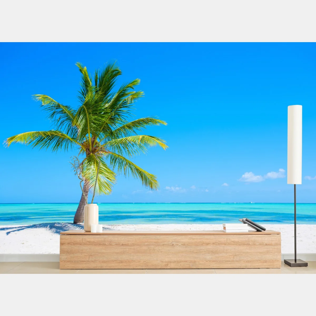 Carta da parati oasi tropicale con palma su spiaggia turchese • Wallissimo® Carta da parati oasi tropicale con palma su spiaggia turchese • Wallissimo®