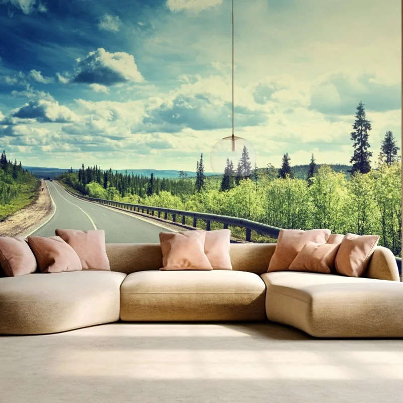 Carta da parati strada verso l'orizzonte nella foresta