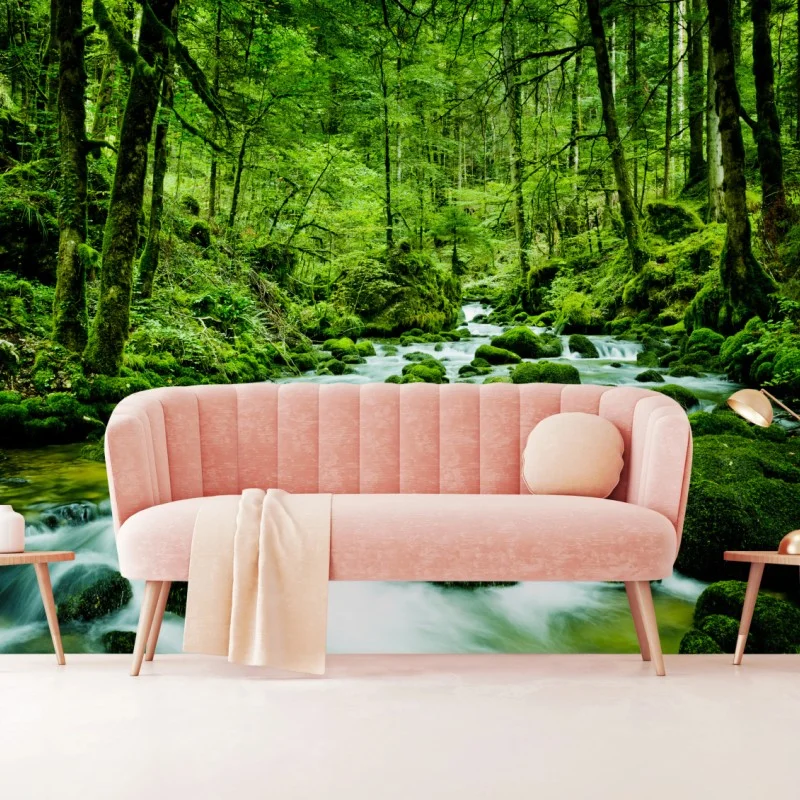 Carta da parati ruscello smeraldo nella foresta