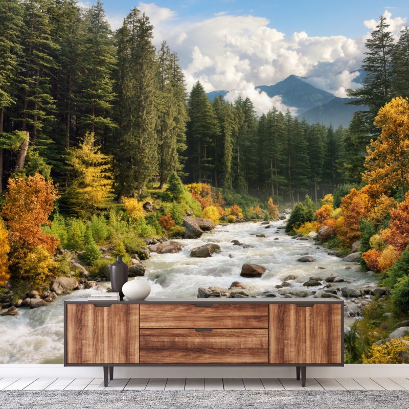 Carta da parati paesaggio montano autunnale con fiume e foresta