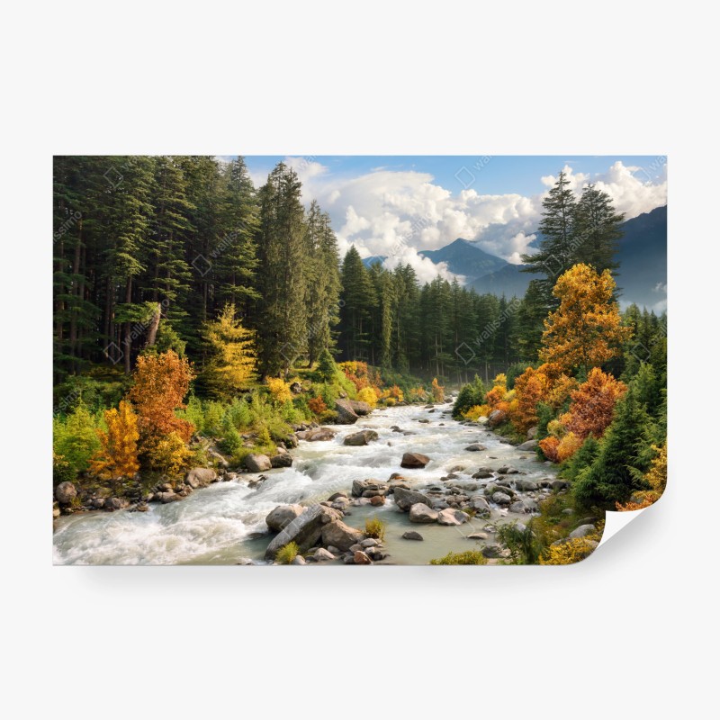 Carta da parati paesaggio montano autunnale con fiume e foresta