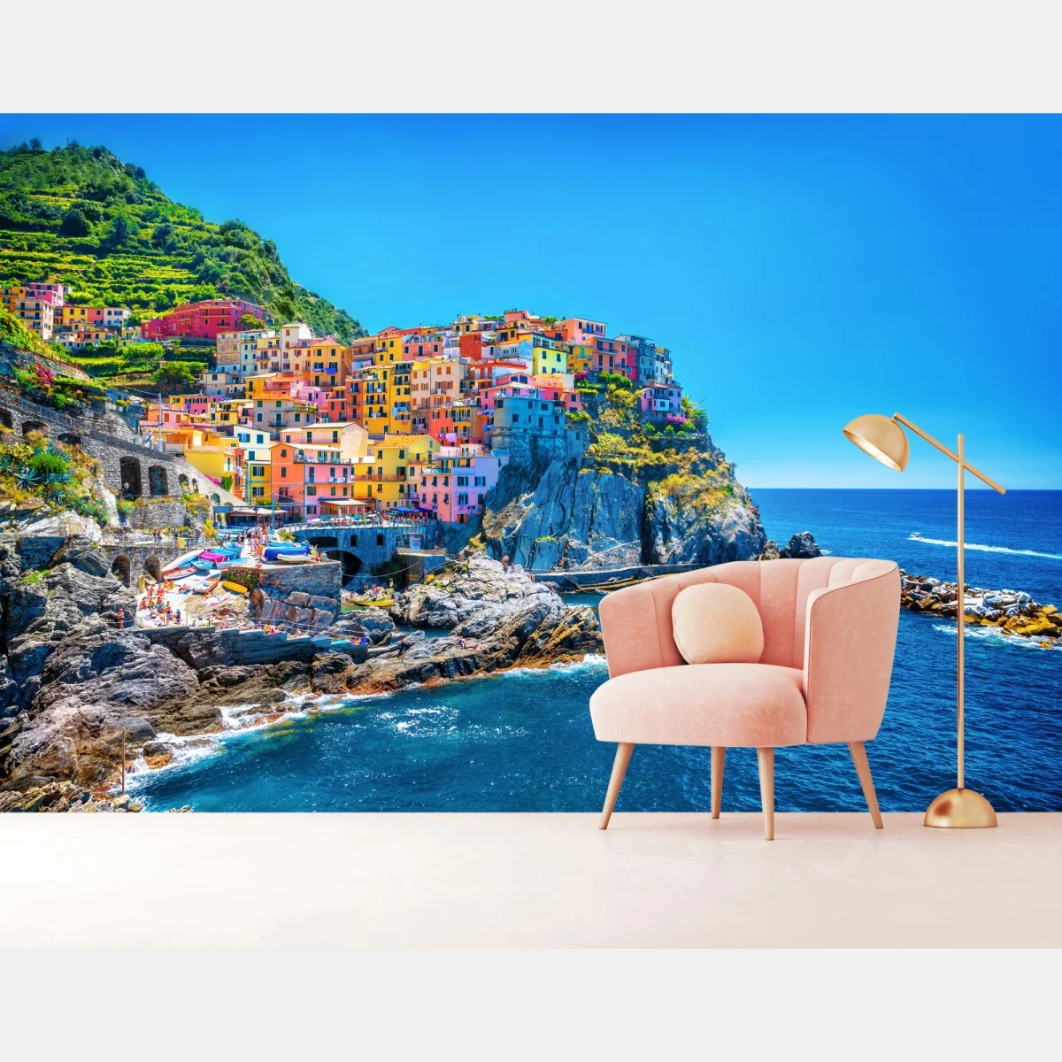 Carta da parati Manarola: villaggio colorato a picco sul mare • Wallissimo® Carta da parati Manarola: villaggio colorato a picco sul mare • Wallissimo®