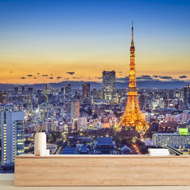 Carta da parati vista notturna di Tokyo con la torre illuminata