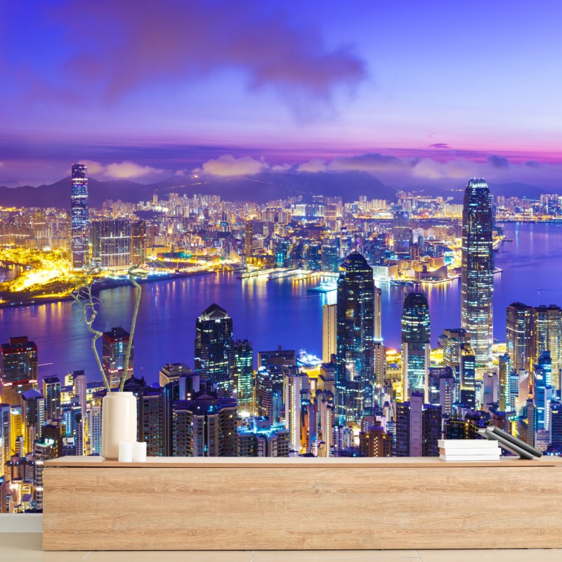 Carta da parati alba sullo skyline di Hong Kong