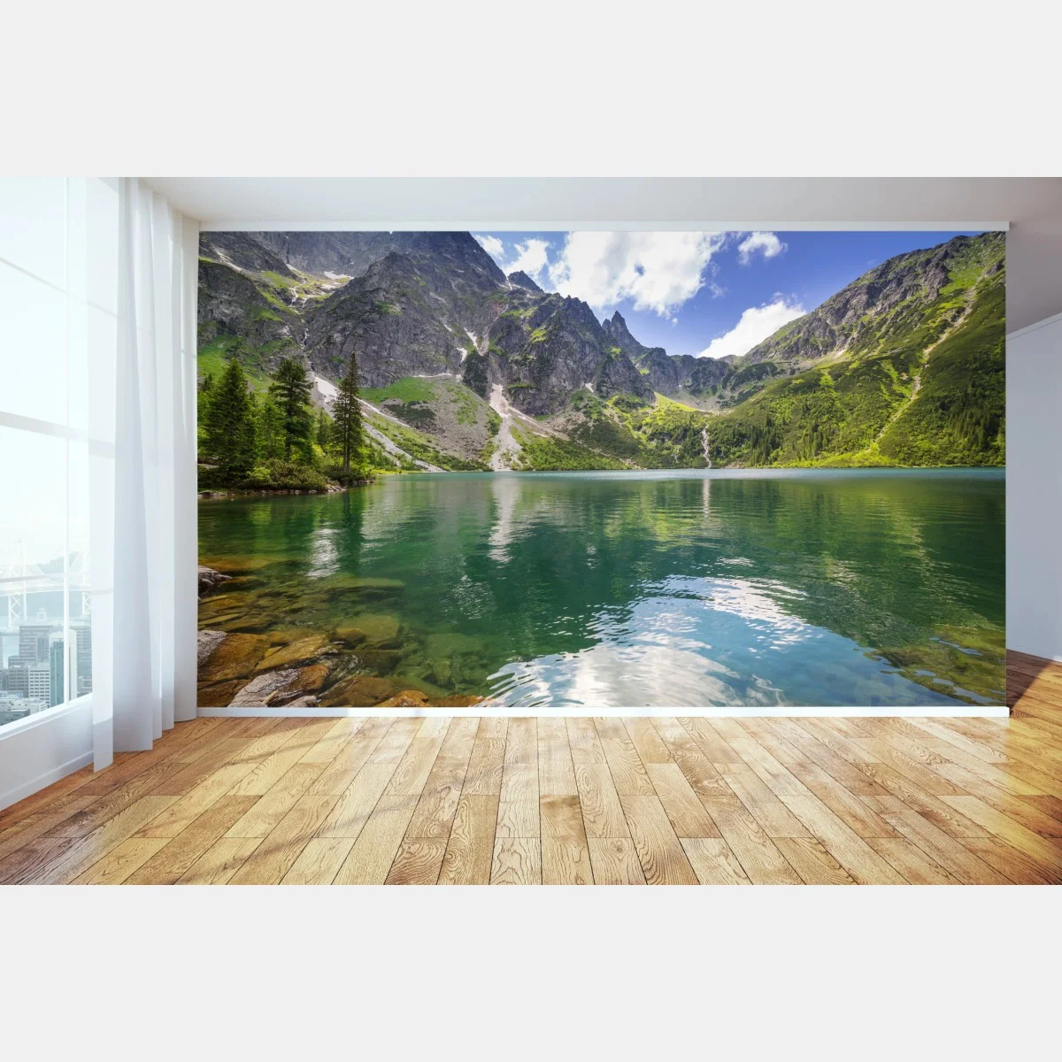 Carta da parati panorama sereno del lago alpino • Wallissimo® Carta da parati panorama sereno del lago alpino • Wallissimo®