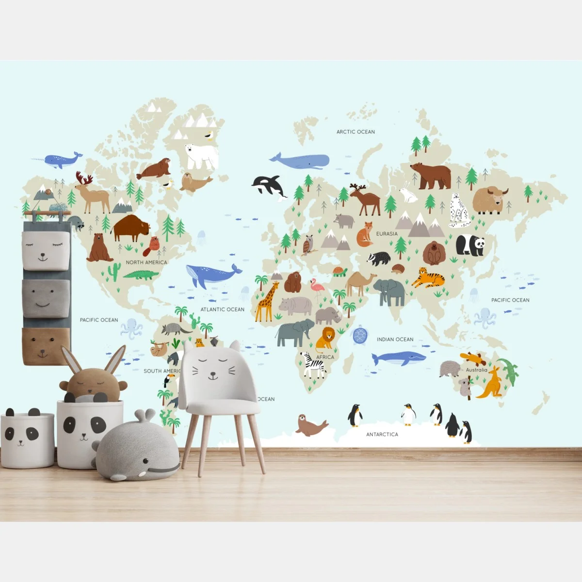 Carta da parati mappa del mondo con animali • Wallissimo® Carta da parati mappa del mondo con animali • Wallissimo®