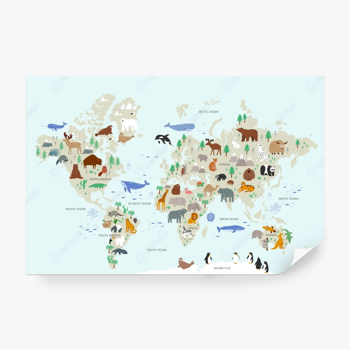 Carta da parati mappa del mondo con animali • Wallissimo® Carta da parati mappa del mondo con animali • Wallissimo®
