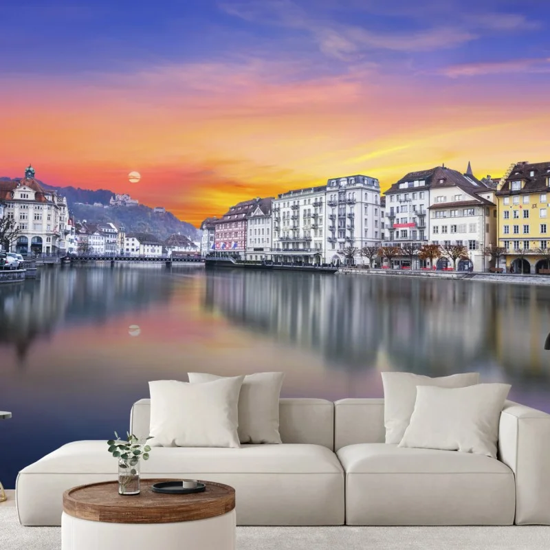Carta da parati tramonto sul fiume Reuss a Lucerna
