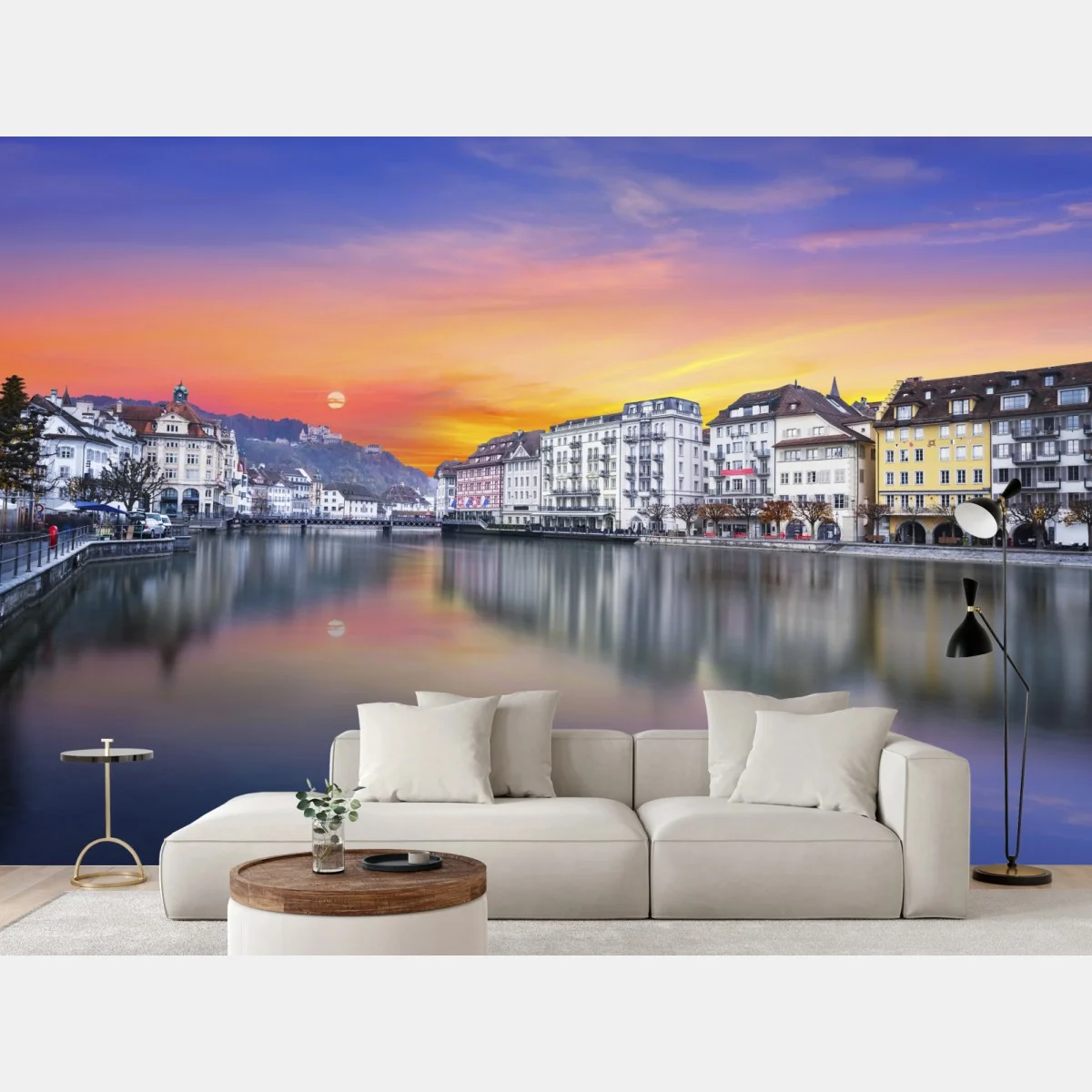 Carta da parati tramonto sul fiume Reuss a Lucerna • Wallissimo® Carta da parati tramonto sul fiume Reuss a Lucerna • Wallissimo®