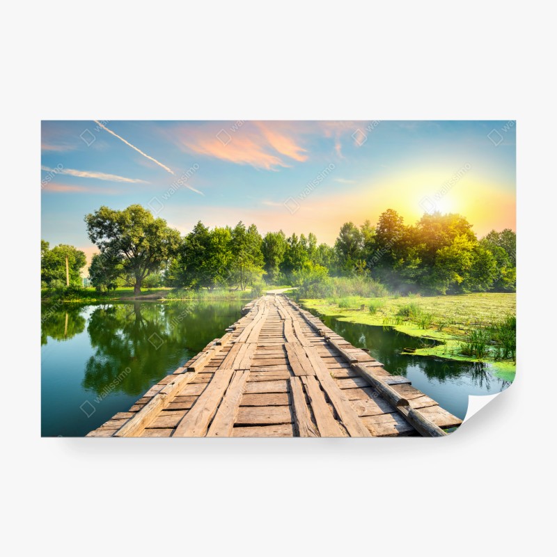 Carta da parati ponte di legno sul lago al tramonto