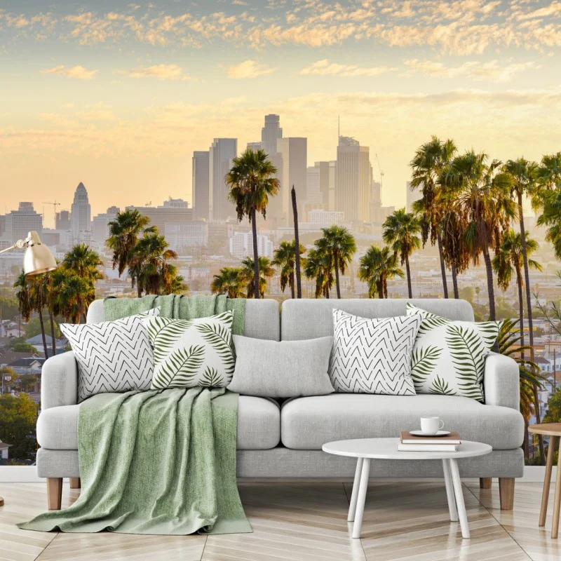 Carta da parati tramonto su Los Angeles tra palme e grattacieli