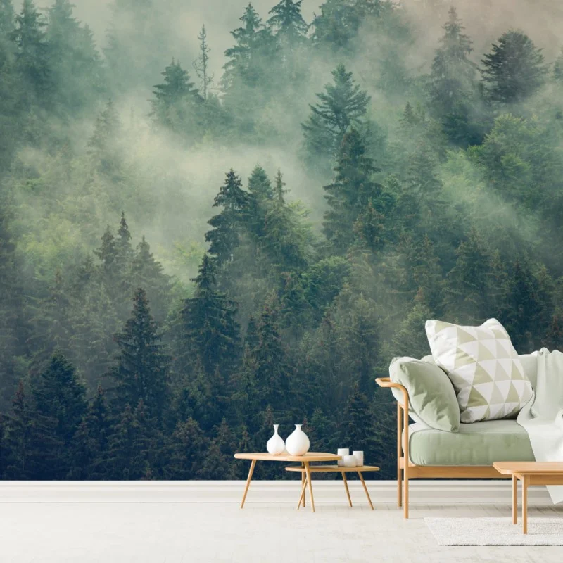 Carta da parati foresta di abeti nella nebbia