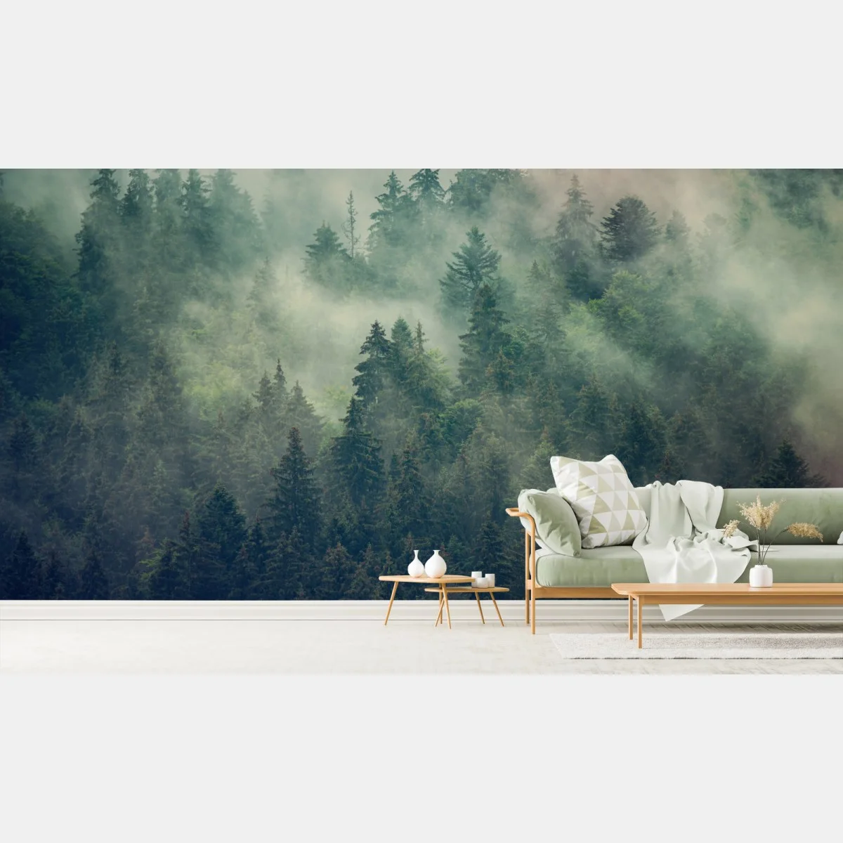 Carta da parati foresta di abeti nella nebbia • Wallissimo® Carta da parati foresta di abeti nella nebbia • Wallissimo®