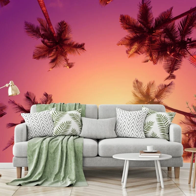 Carta da parati paesaggio tropicale al tramonto con palme