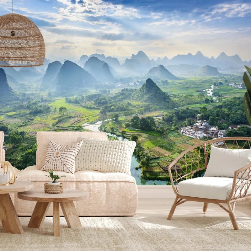 Carta da parati panorama di risaie e montagne carsiche all'alba