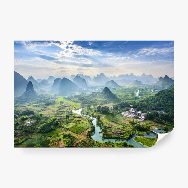 Carta da parati panorama di risaie e montagne carsiche all'alba