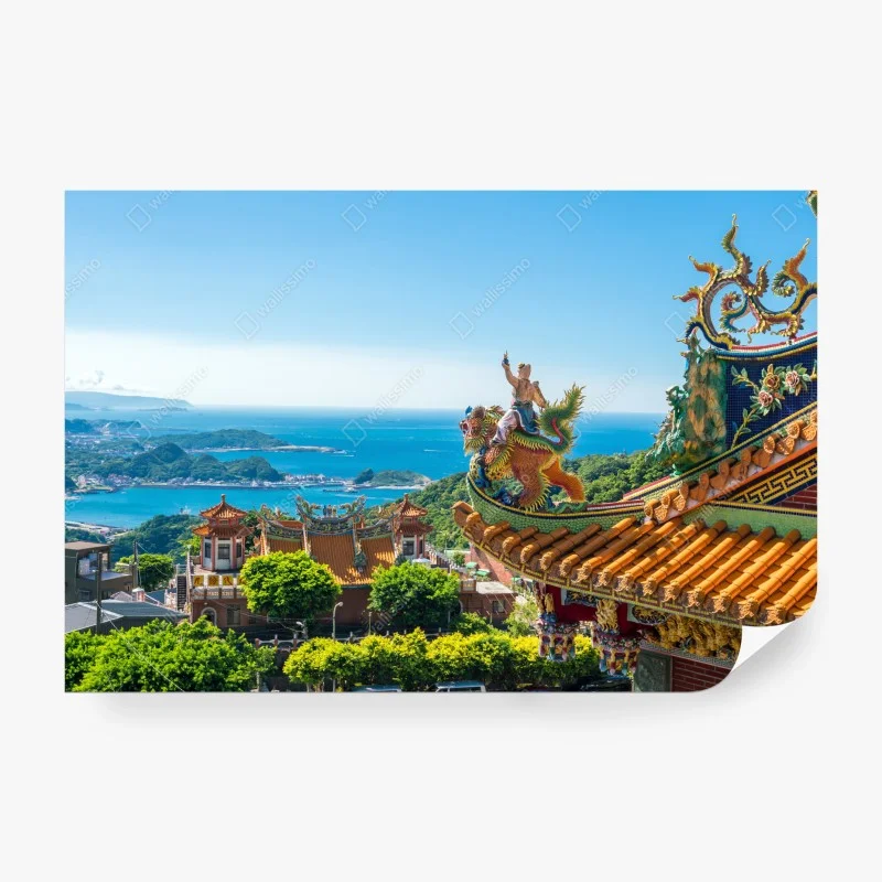 Carta da parati vista panoramica del tempio di Jiufen sul mare