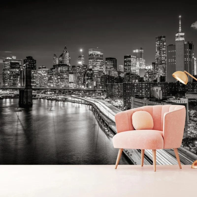 Carta da parati skyline notturno di New York in bianco e nero