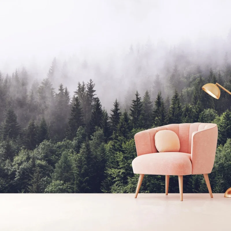 Carta da parati foresta avvolta nella nebbia