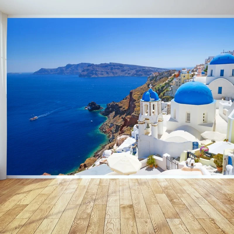 Carta da parati panorama delle cupole blu a Santorini