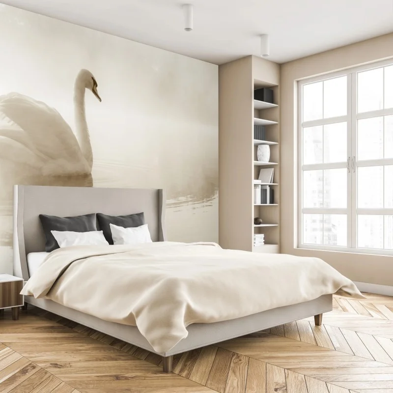 Carta da parati cigno nella nebbia, eleganza sul lago