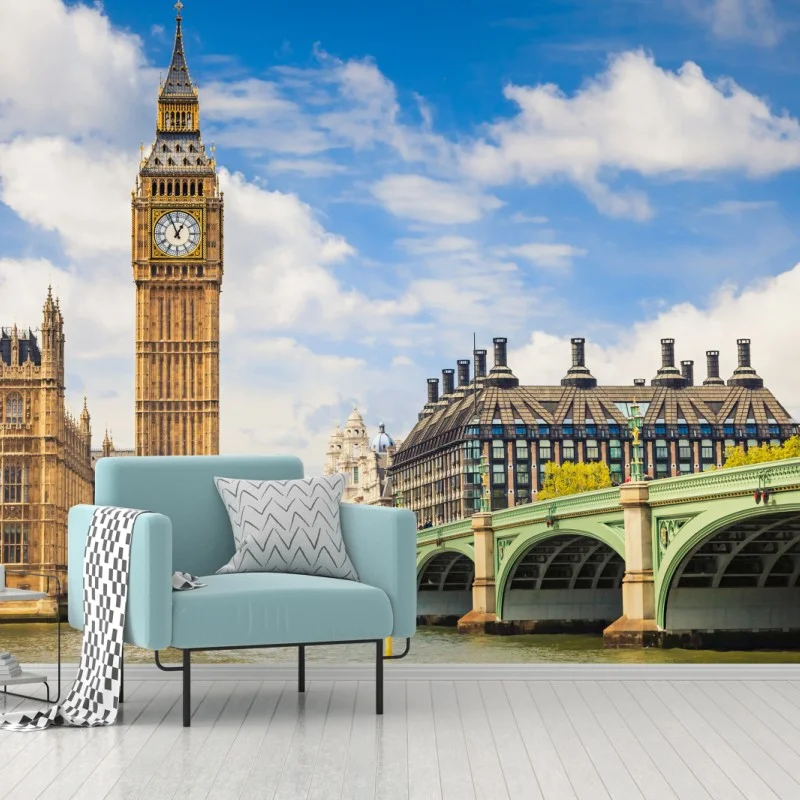 Carta da parati vista panoramica di Londra con Big Ben e ponte sul Tamigi