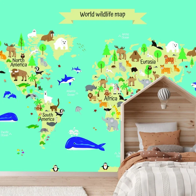 Carta da parati mappa illustrata della fauna mondiale colorata