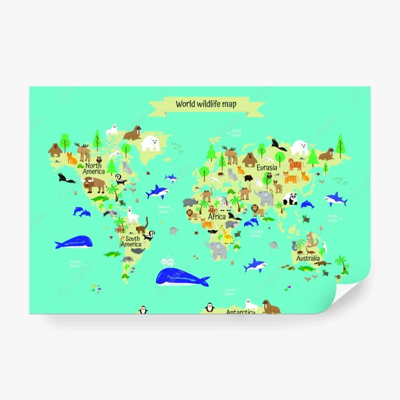 Carta da parati mappa illustrata della fauna mondiale colorata
