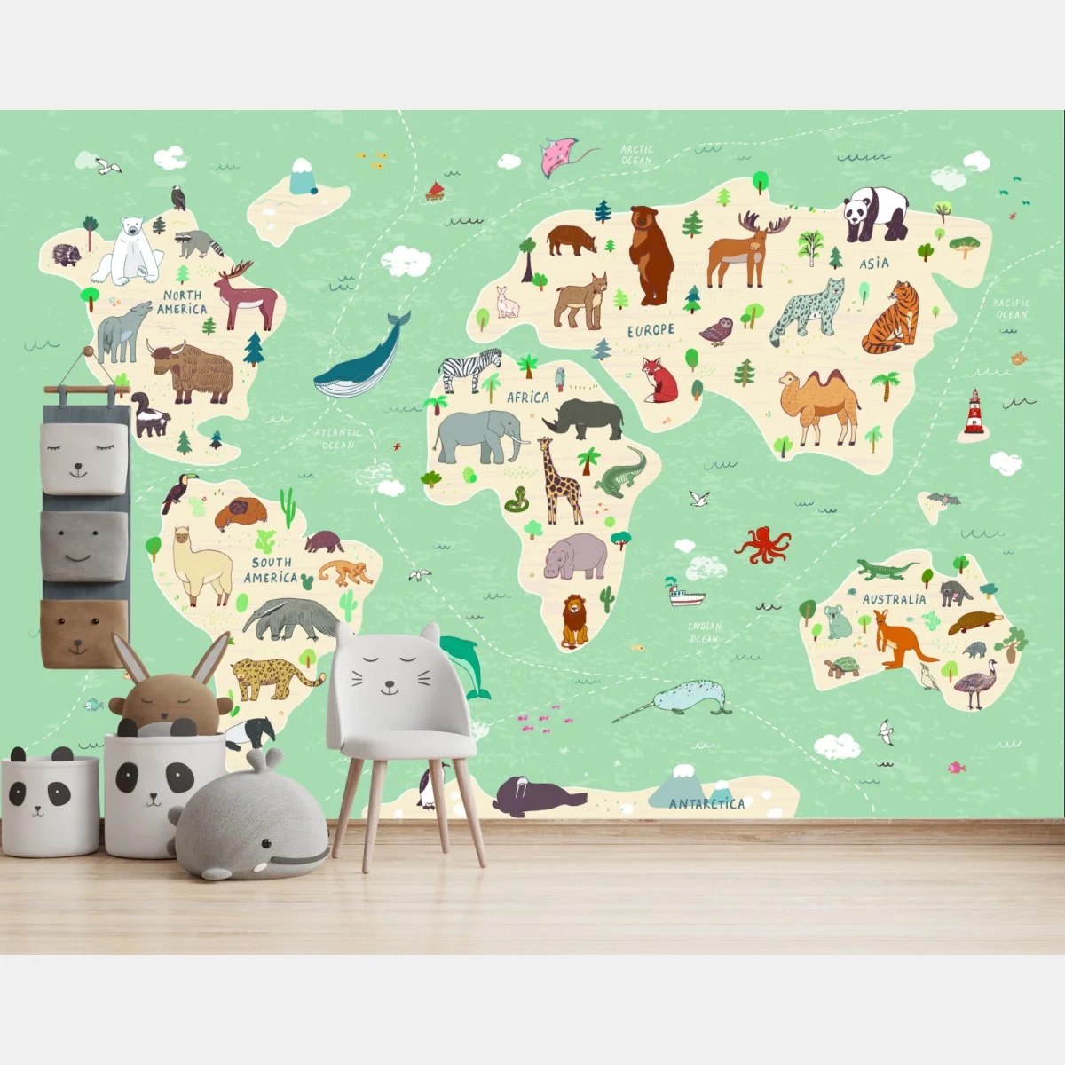 Carta da parati mappa illustrata degli animali del mondo • Wallissimo® Carta da parati mappa illustrata degli animali del mondo • Wallissimo®