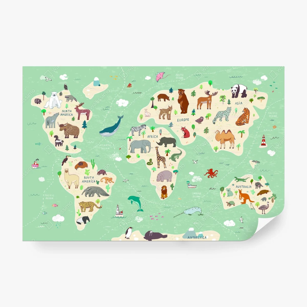 Carta da parati mappa illustrata degli animali del mondo • Wallissimo® Carta da parati mappa illustrata degli animali del mondo • Wallissimo®