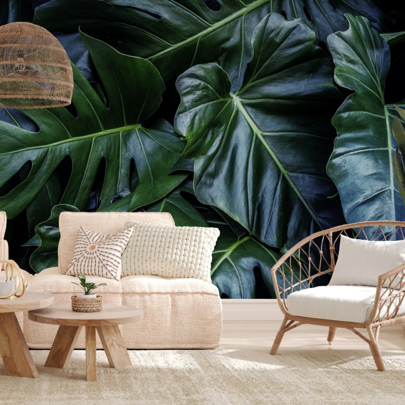 Carta da parati fogliame tropicale verde smeraldo