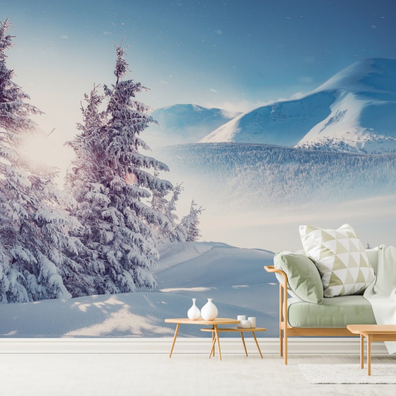 Carta da parati panorama invernale dei Carpazi: luce e neve