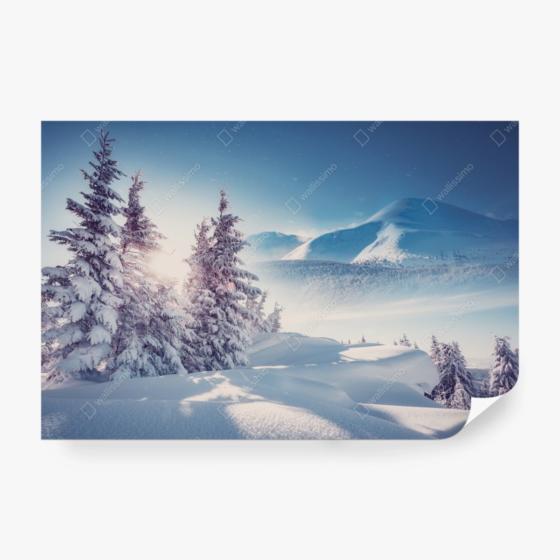Carta da parati panorama invernale dei Carpazi: luce e neve