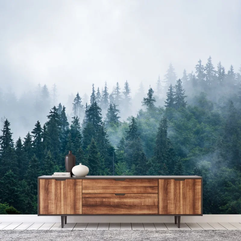 Carta da parati foresta di abeti nella nebbia