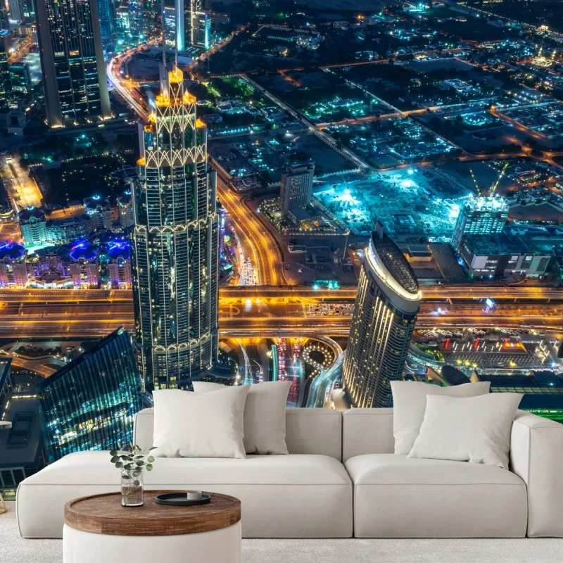 Carta da parati veduta aerea notturna di Dubai dal Burj Khalifa