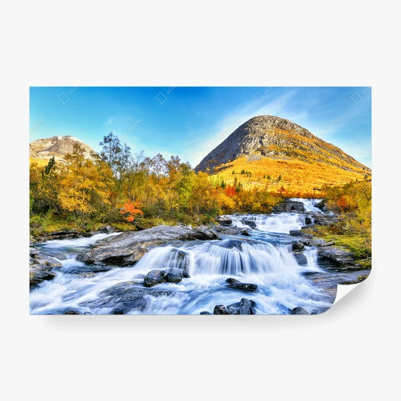 Carta da parati paesaggio autunnale con cascata e montagna