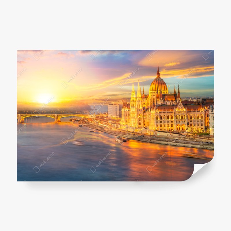 Carta da parati tramonto dorato sul parlamento di Budapest
