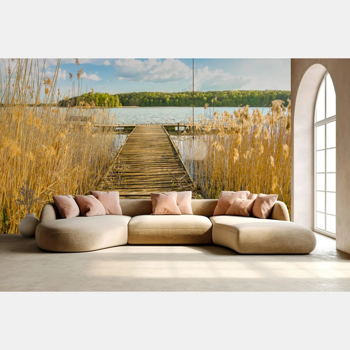 Carta da parati molo tra le canne sul lago • Wallissimo® Carta da parati molo tra le canne sul lago • Wallissimo®