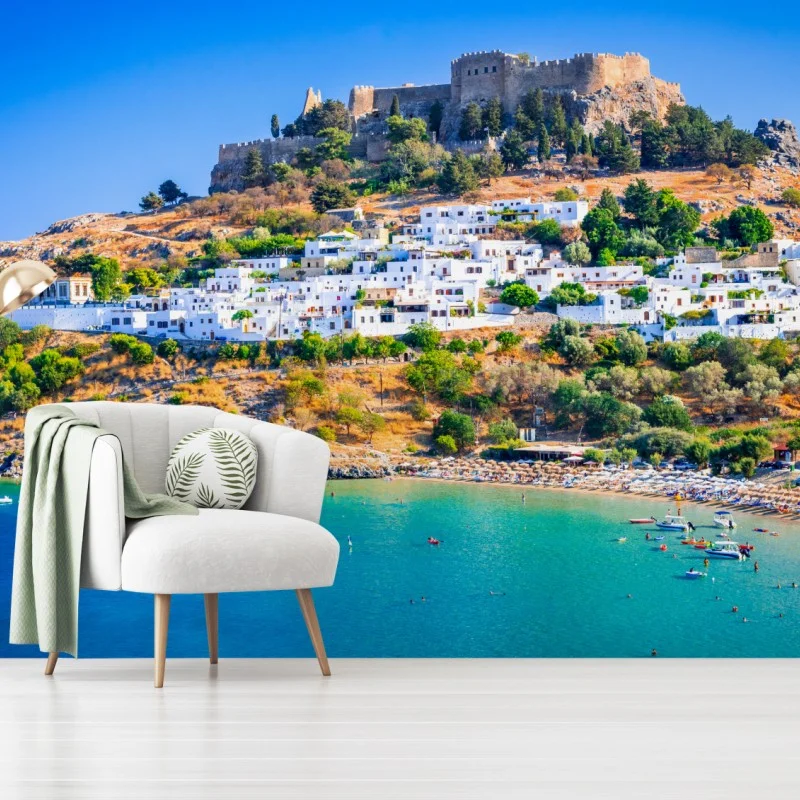 Carta da parati vista di Lindos e della sua acropoli