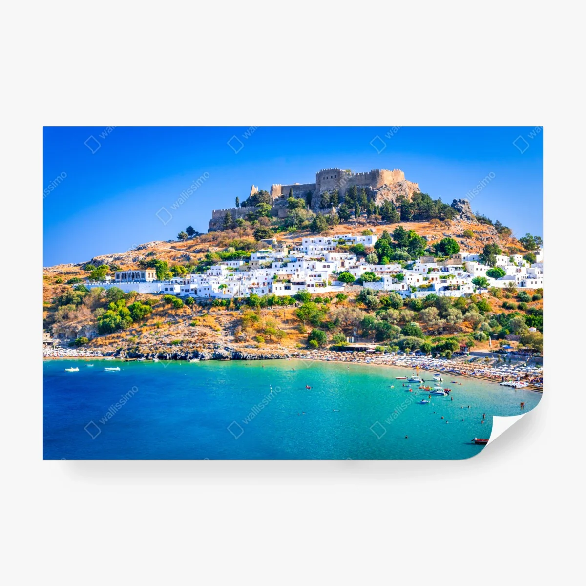 Carta da parati vista di Lindos e della sua acropoli • Wallissimo®