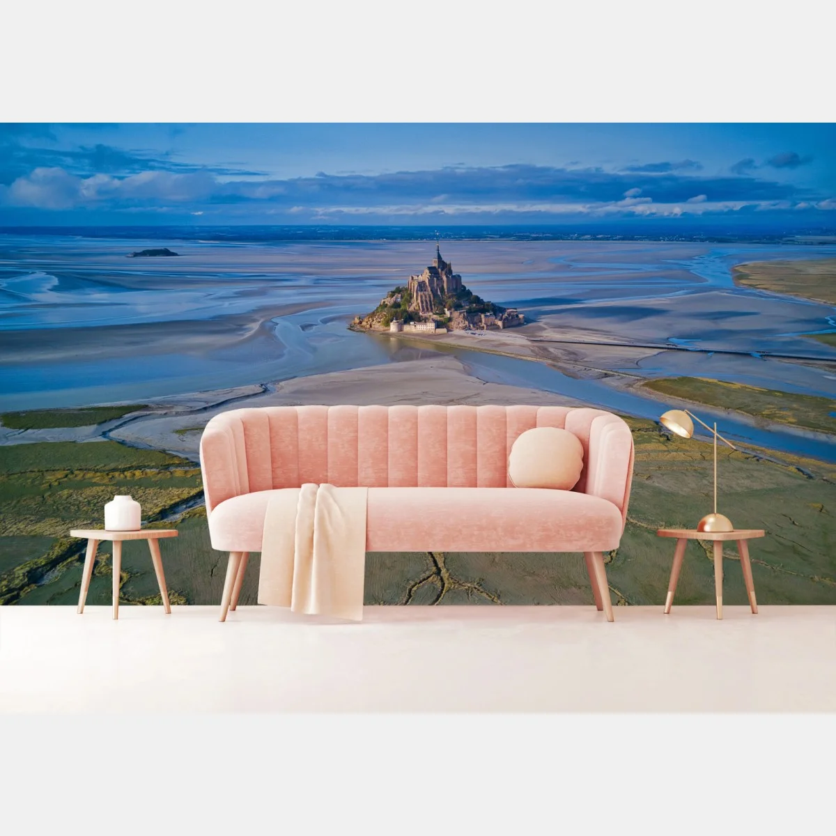 Carta da parati panorama aereo di Mont Saint-Michel al tramonto • Wallissimo® Carta da parati panorama aereo di Mont Saint-Michel al tramonto • Wallissimo®