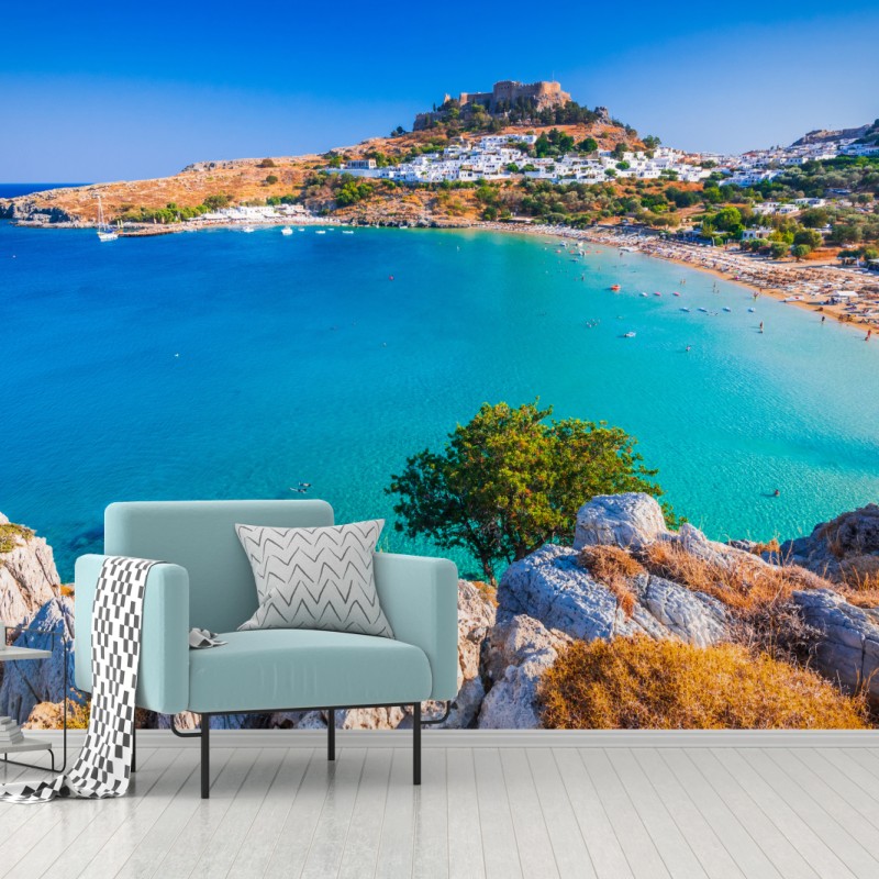 Carta da parati panorama di Lindos e baia turchese