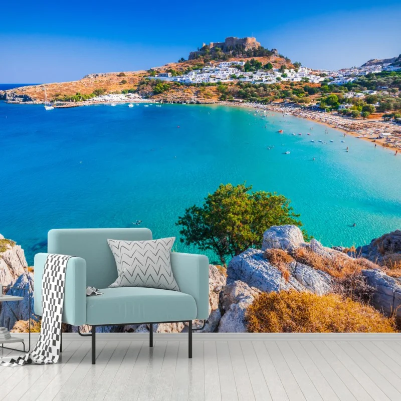 Carta da parati panorama di Lindos e baia turchese
