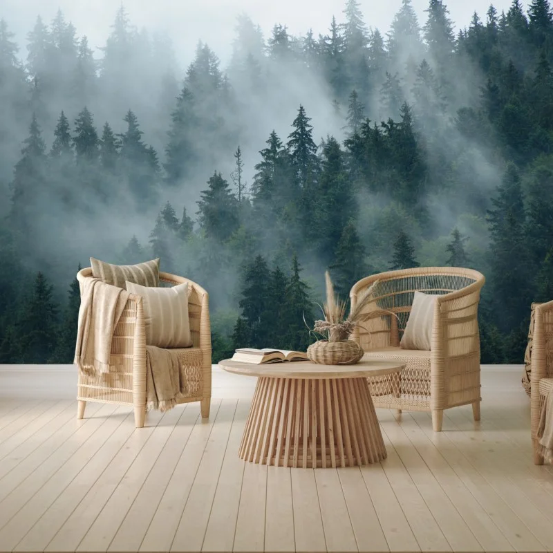 Carta da parati foresta di conifere nella nebbia