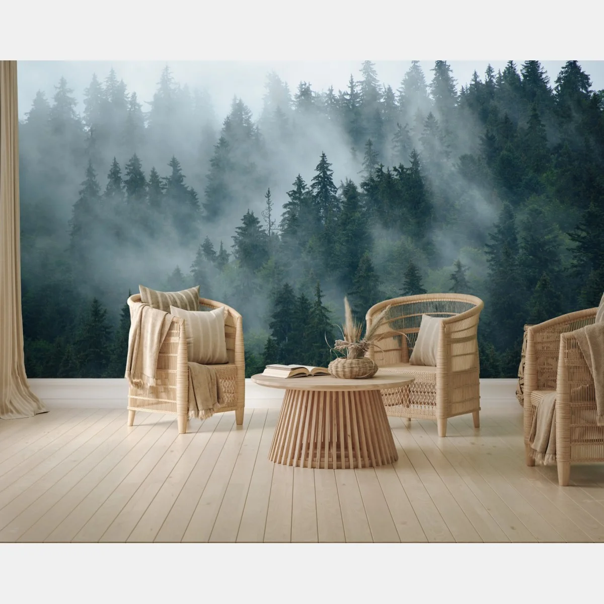 Carta da parati foresta di conifere nella nebbia • Wallissimo® Carta da parati foresta di conifere nella nebbia • Wallissimo®