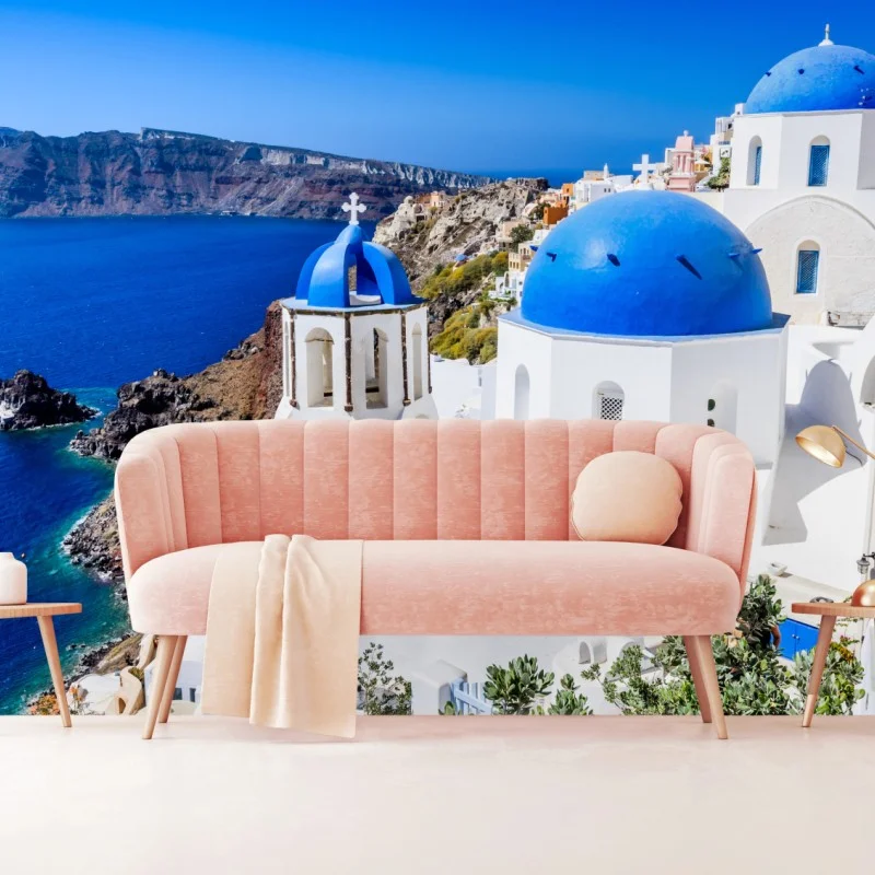 Carta da parati panorama di Santorini con cupole blu e case bianche
