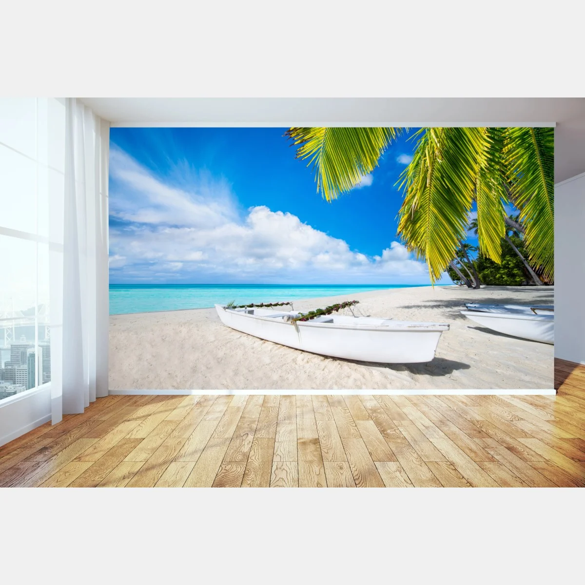 Carta da parati paesaggio tropicale con barca sulla spiaggia • Wallissimo® Carta da parati paesaggio tropicale con barca sulla spiaggia • Wallissimo®