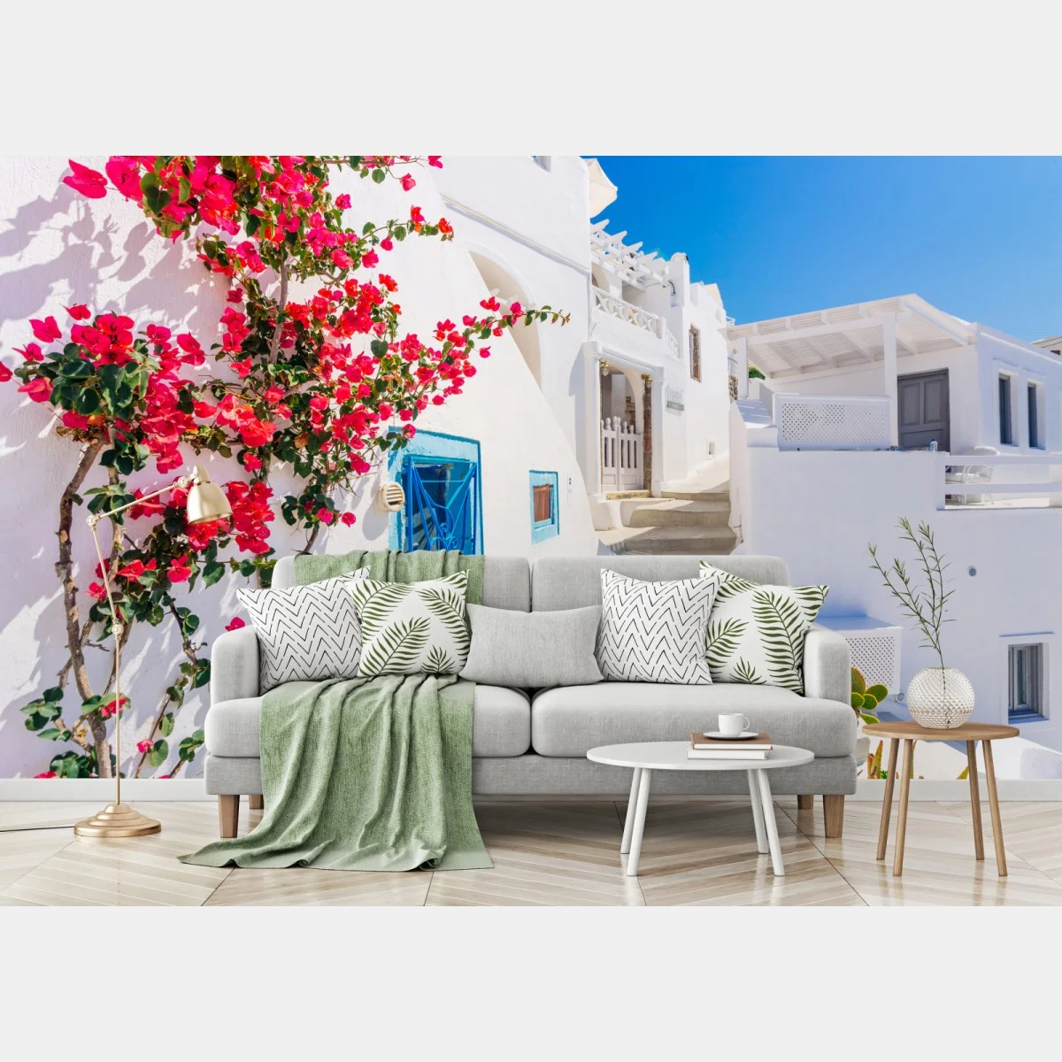 Carta da parati angolo fiorito di Santorini • Wallissimo® Carta da parati angolo fiorito di Santorini • Wallissimo®