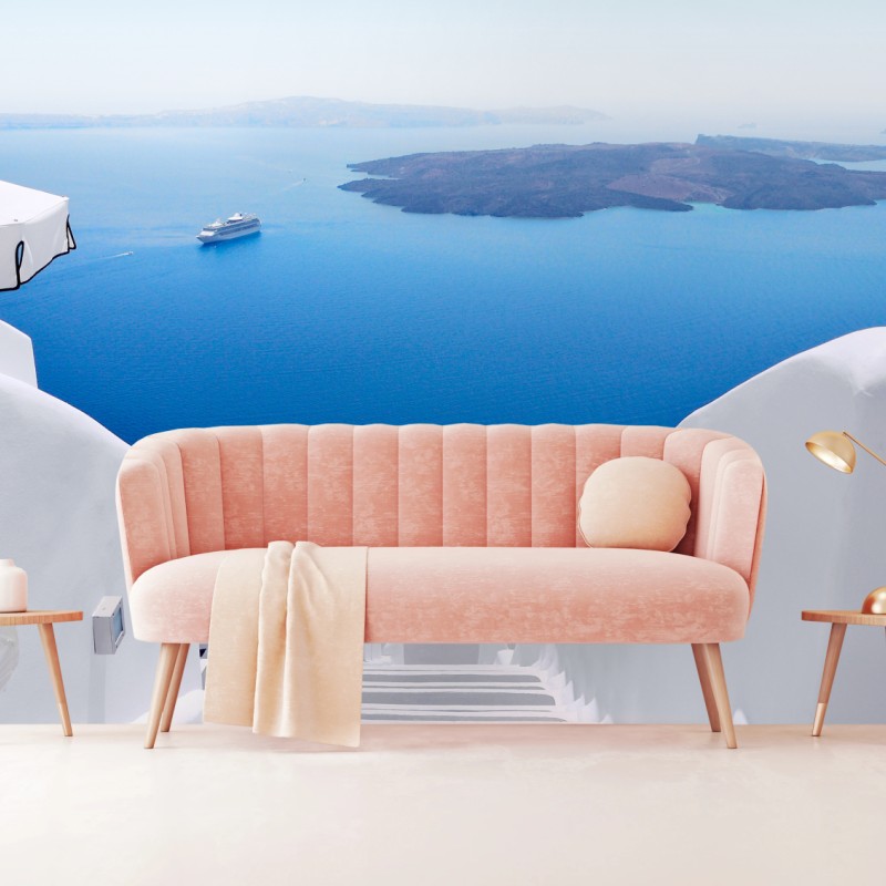 Carta da parati scalinata bianca su Santorini con vista sul mare